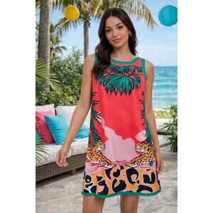 Womens Large Tropical Leopard Palm Print Sleeveless Shift Dress Pink Green